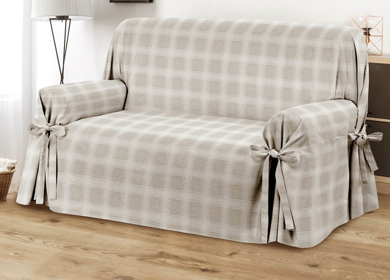 foto del prodotto copridivano fodera telo protezione divano con laccetti fiocco varie fantasie 2 posti scozz beige