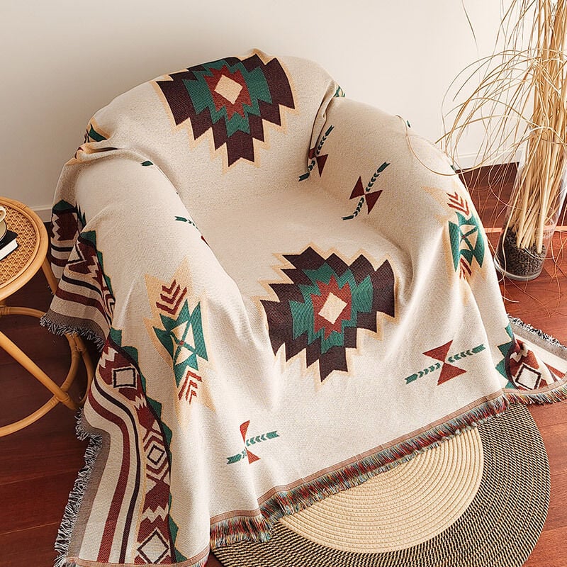 foto del prodotto copridivano in stile etnico americano, copridivano in maglia sucre jacquard a copertura totale 90 150 cm