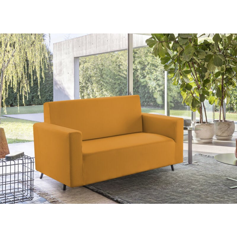 foto del prodotto copridivano tinta unita elasticizzato antimacchia modello sagomato colore senape, misurasedutacoloresenape