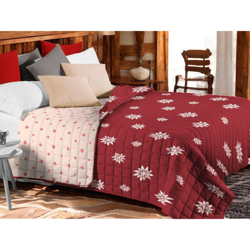 foto del prodotto copriletto trapuntato edelweiss rosso microfibra morbida con fiori bianchi, imbottitura leggera, made in italy cm. 260x260
