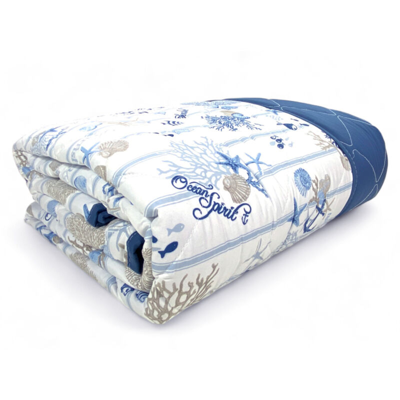 foto del prodotto copriletto trapuntato fiocco mare coralli e conchiglie con fondo a righe made in italy matrimoniale 2 piazze