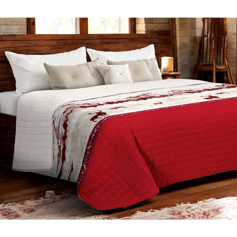 foto del prodotto copriletto trapuntato monte soglio rosso stile chalet con cervi e foresta microfibra leggera made in italy cm. 180x260 1 piazza