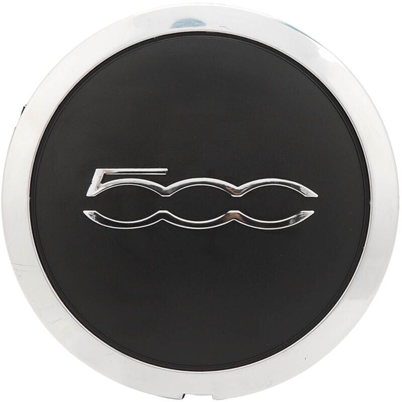 foto del prodotto coprimozzo centrale, coprimozzo ruota con finiture cromate, coprimozzo centrale di ricambio 68078419ac per fiat 500, coprimozzo ruota per auto neri.