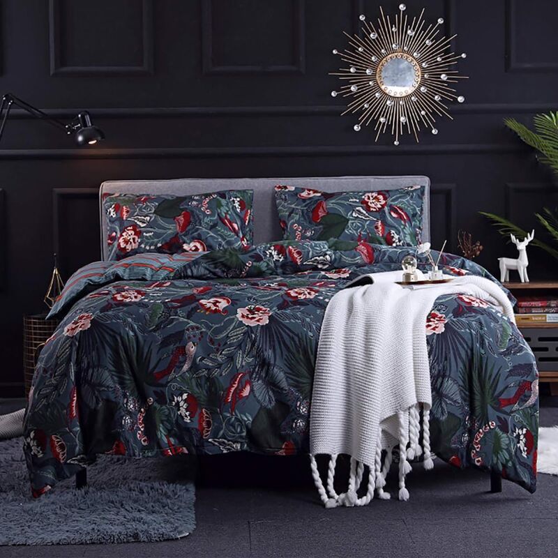 foto del prodotto copripiumino 200x200 blu notte set letto fantasia fiori rosa con cerniera biancheria da letto reversibile per 2 persone adulto con 2 federe 50x75