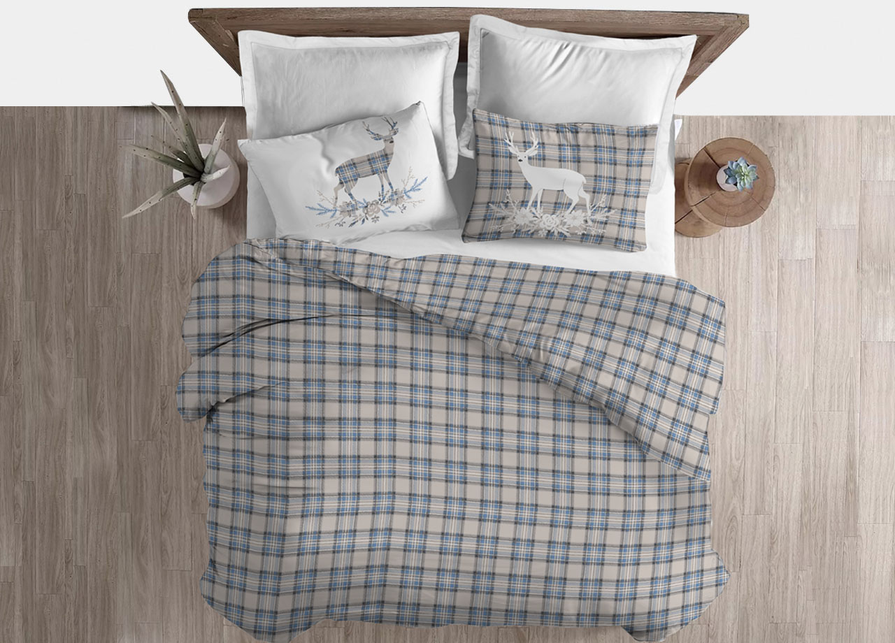 foto del prodotto copripiumino sacco piumone cotone flanella pensieri delicati dis. tartan cervo, misurasingolocoloreazzurro