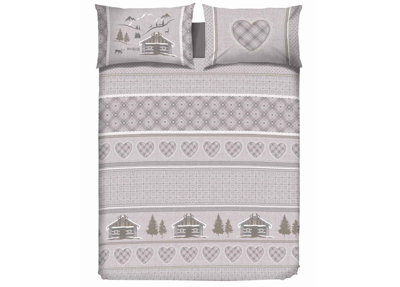 foto del prodotto copripiumino sacco piumone cotone flanella pensieri delicati disegno chalet singolo beige