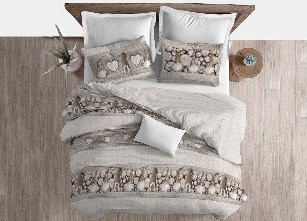 foto del prodotto copripiumino sacco piumone cotone flanella pensieri delicati disegno gnomi elfi matrimoniale beige
