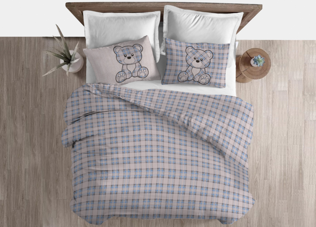 foto del prodotto copripiumino sacco piumone cotone flanella pensieri delicati orsetto tartan matrimoniale azzurro