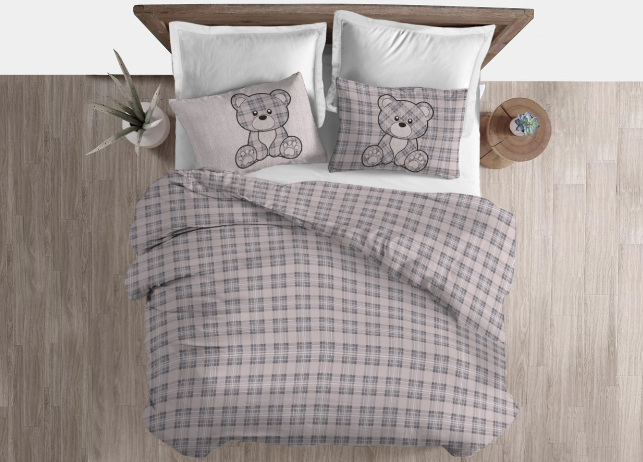 foto del prodotto copripiumino sacco piumone cotone flanella pensieri delicati orsetto tartan matrimoniale grigio