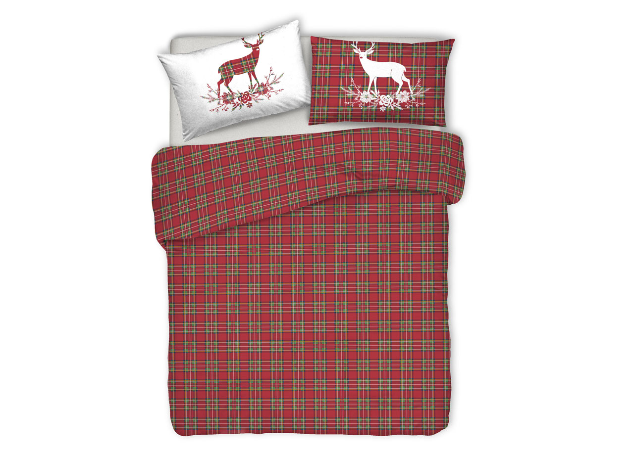 foto del prodotto copripiumino sacco piumone pensieri delicati 100 cotone dis. cervo tartan matrimoniale rosso