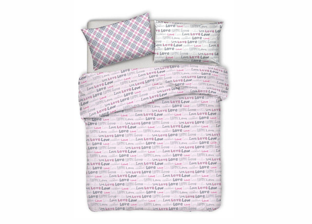 foto del prodotto copripiumino sacco piumone pensieri delicati 100 cotone disegno love love matrimoniale rosa