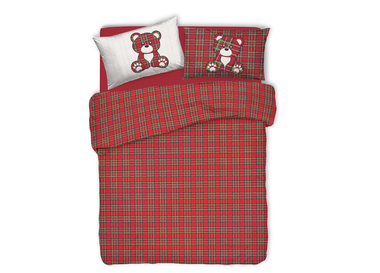 foto del prodotto copripiumino sacco piumone pensieri delicati 100 cotone orsetto tartan singolo rosso