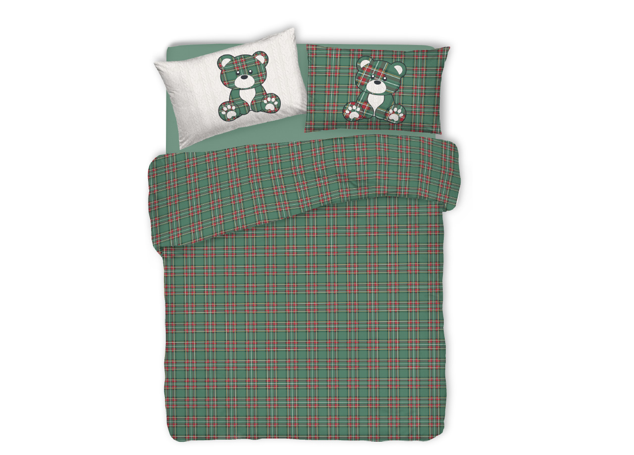 foto del prodotto copripiumino sacco piumone pensieri delicati 100 cotone orsetto tartan singolo verde