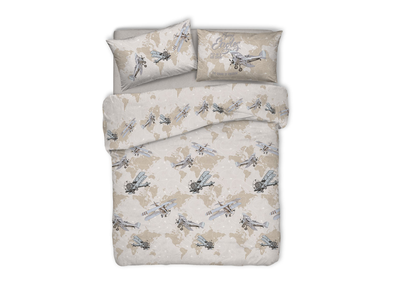 foto del prodotto copripiumino sacco piumone pensieri delicati cotone disegno aerei singolo beige