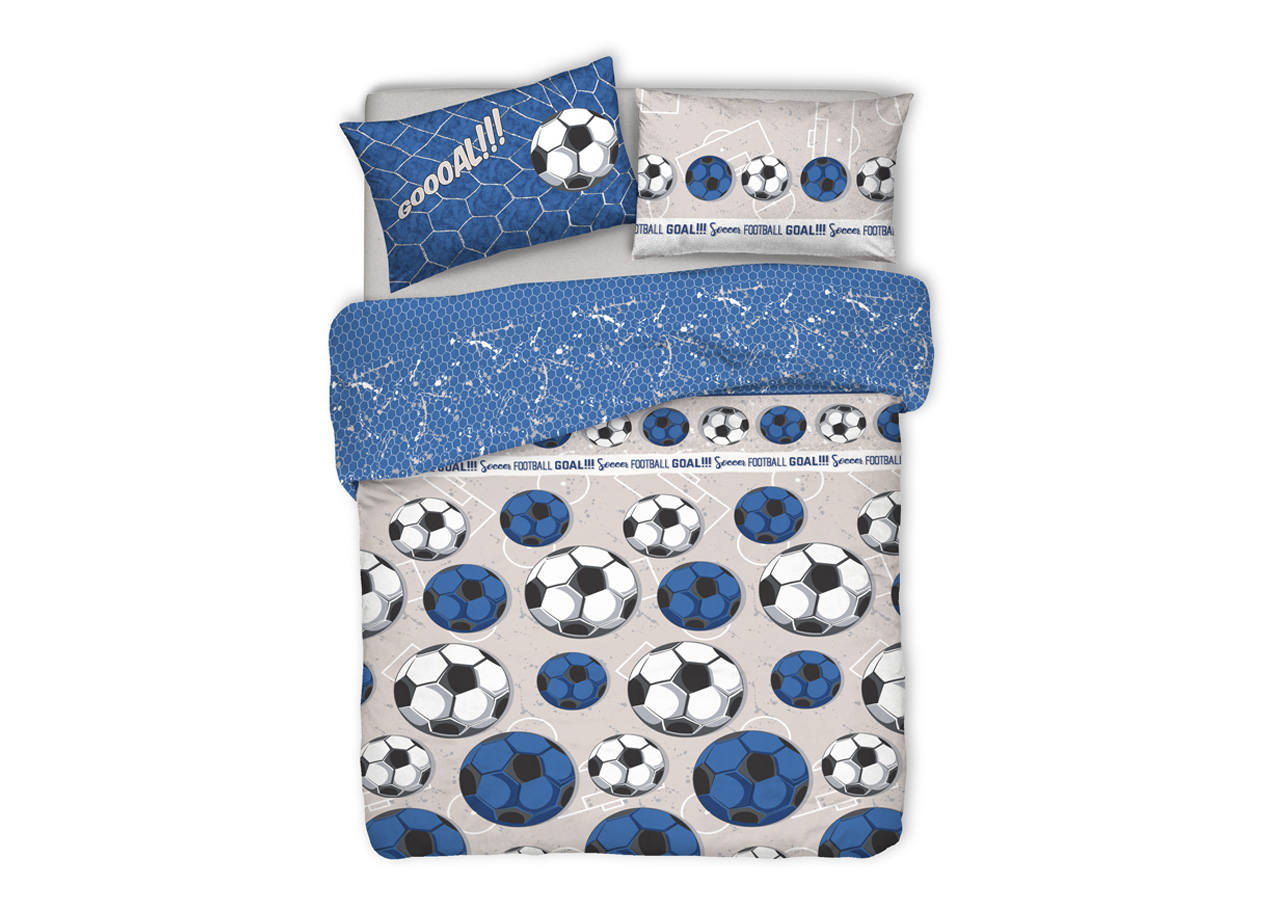 foto del prodotto copripiumino sacco piumone pensieri delicati cotone disegno calcio singolo blu