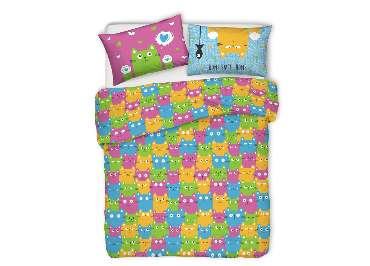 foto del prodotto copripiumino sacco piumone pensieri delicati cotone disegno happy cat multicolor matrimoniale multicolor