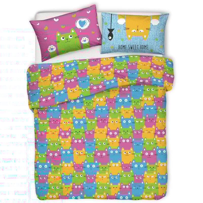 foto del prodotto copripiumino sacco piumone pensieri delicati cotone disegno happy cat multicolor, misurasingolocoloremulticolor