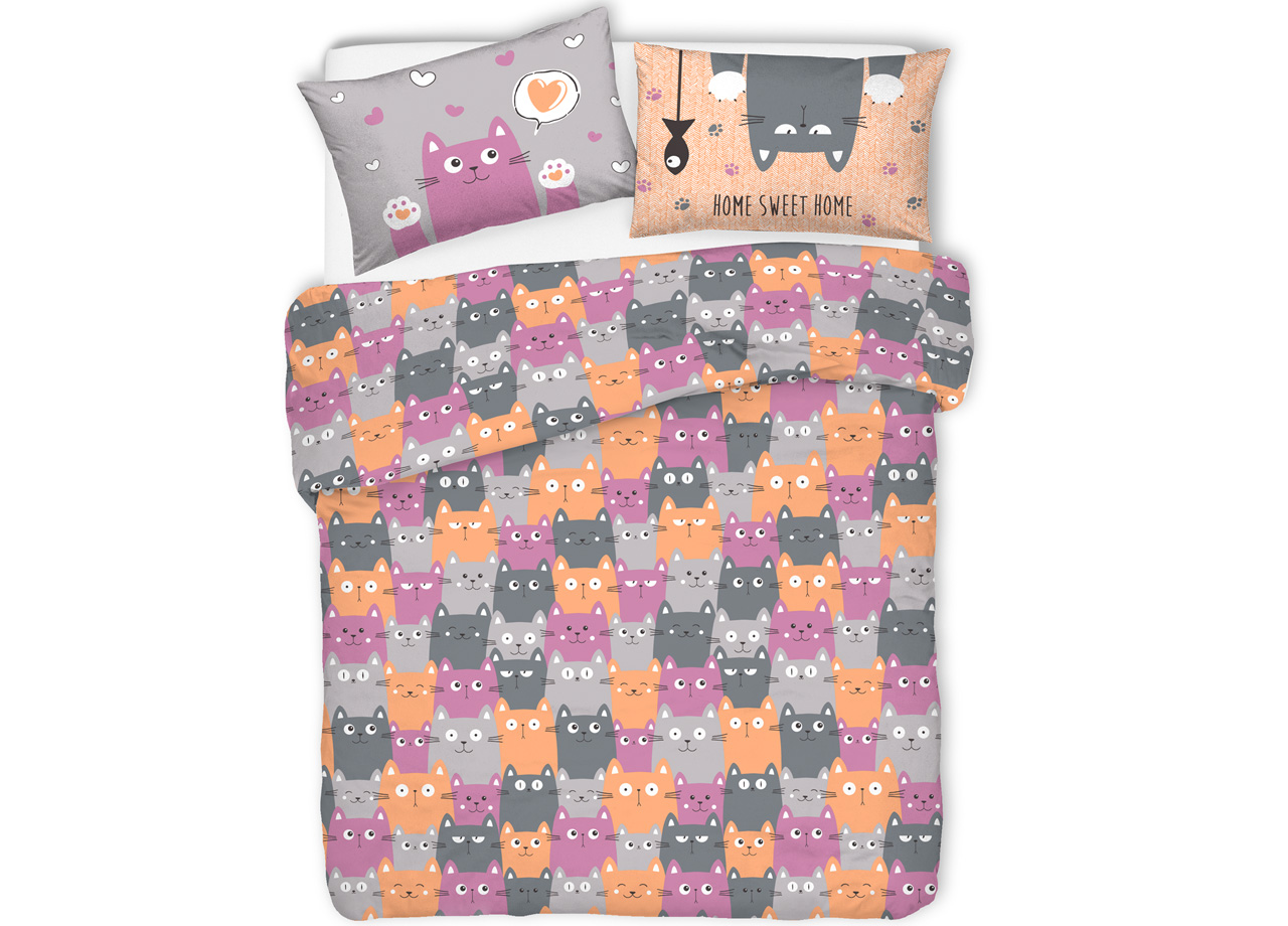 foto del prodotto copripiumino sacco piumone pensieri delicati cotone disegno happy cat singolo arancio