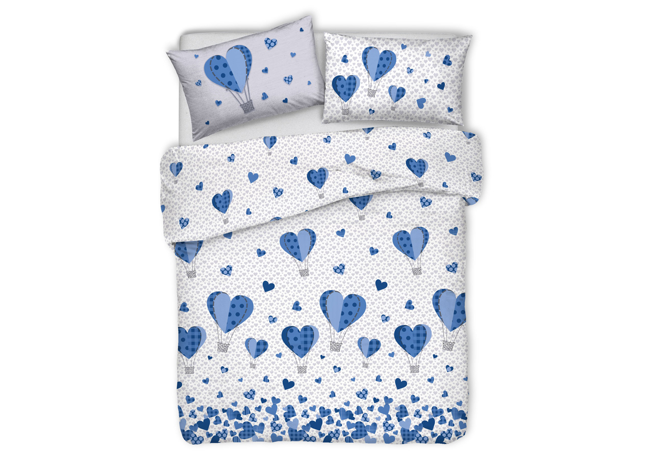 foto del prodotto copripiumino sacco piumone pensieri delicati cotone disegno mongolfiera matrimoniale blu