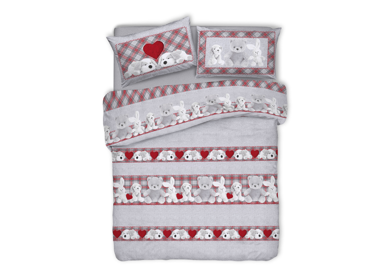foto del prodotto copripiumino sacco piumone pensieri delicati cotone disegno peluches matrimoniale rosso