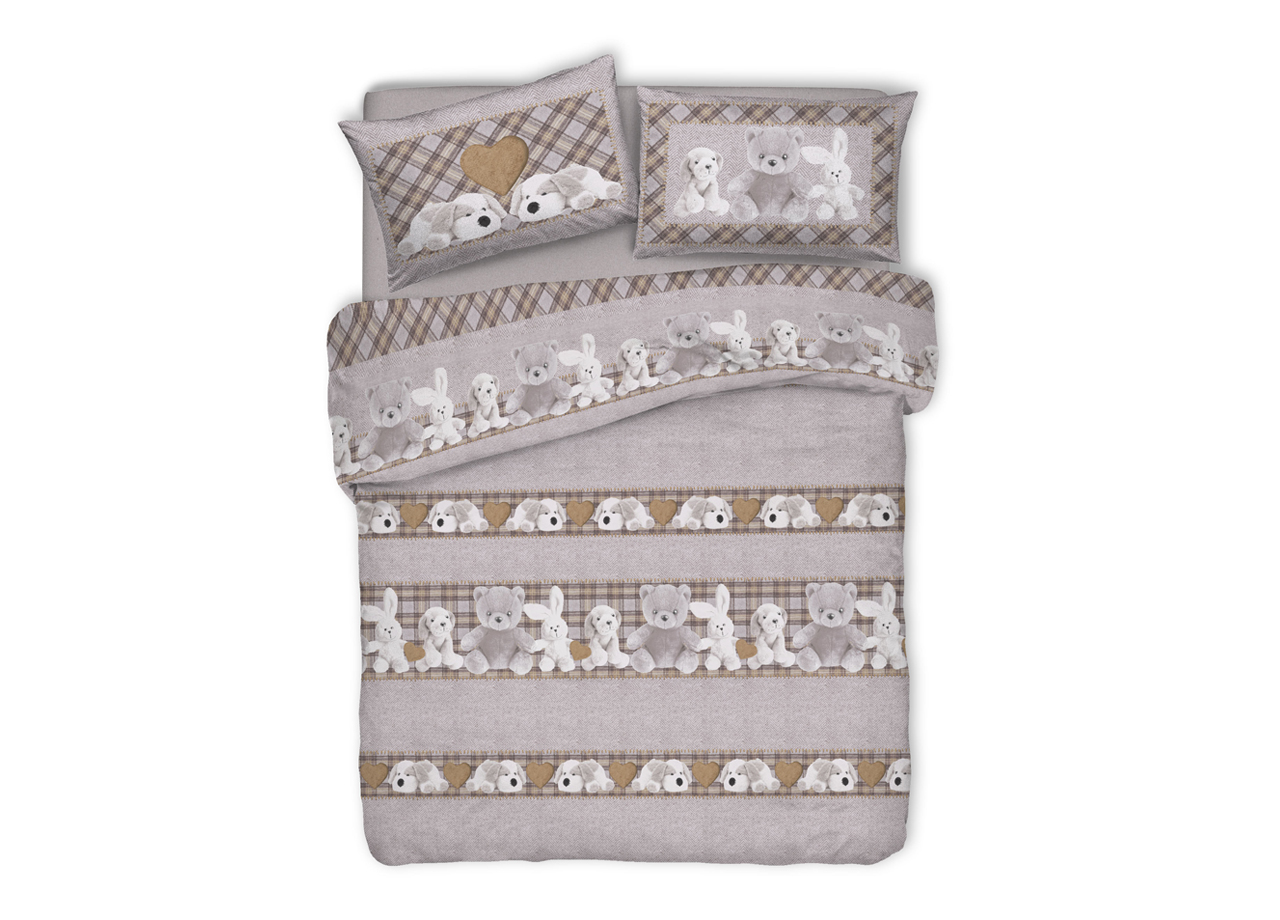 foto del prodotto copripiumino sacco piumone pensieri delicati cotone disegno peluches singolo beige