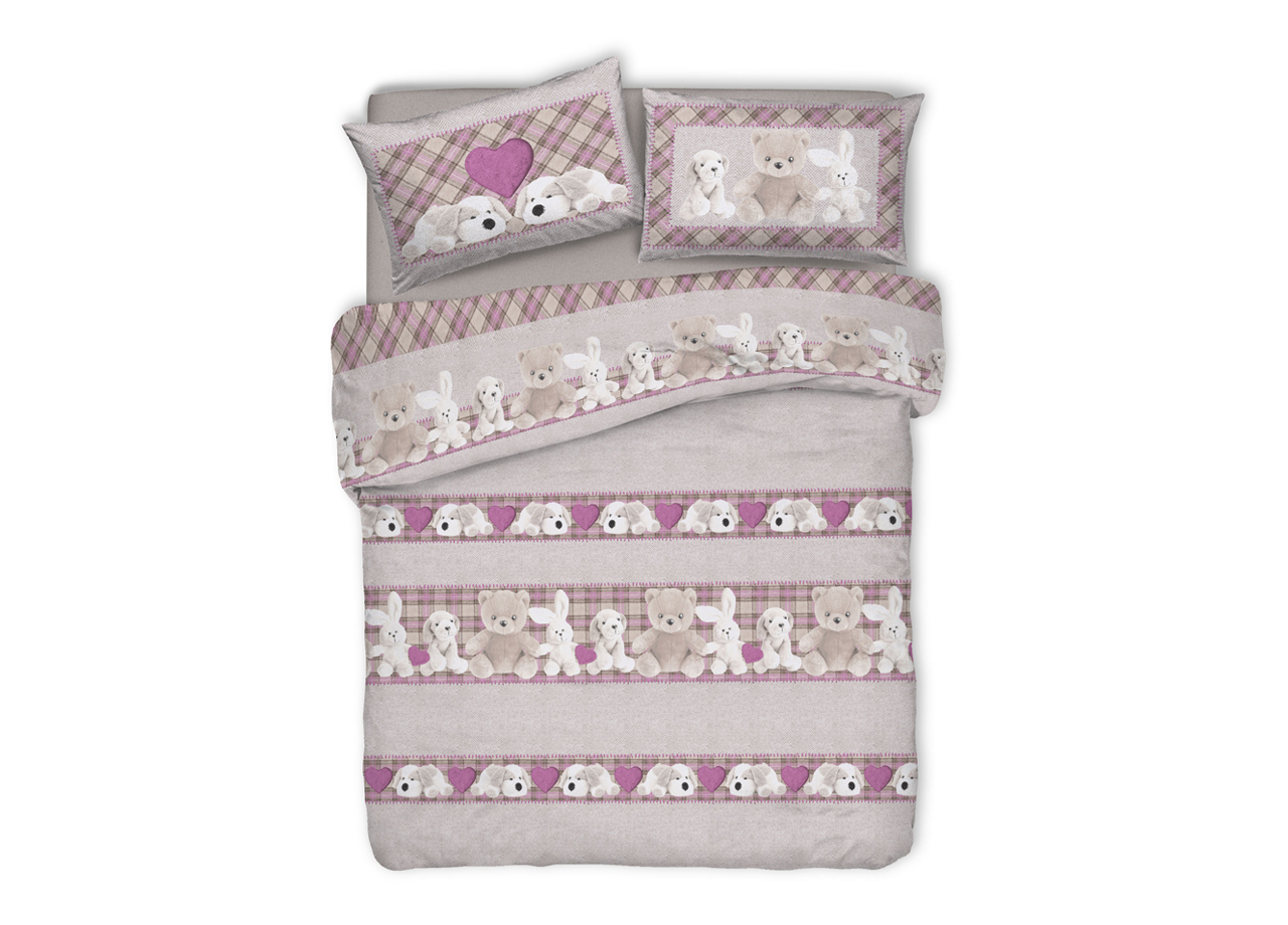foto del prodotto copripiumino sacco piumone pensieri delicati cotone disegno peluches singolo rosa