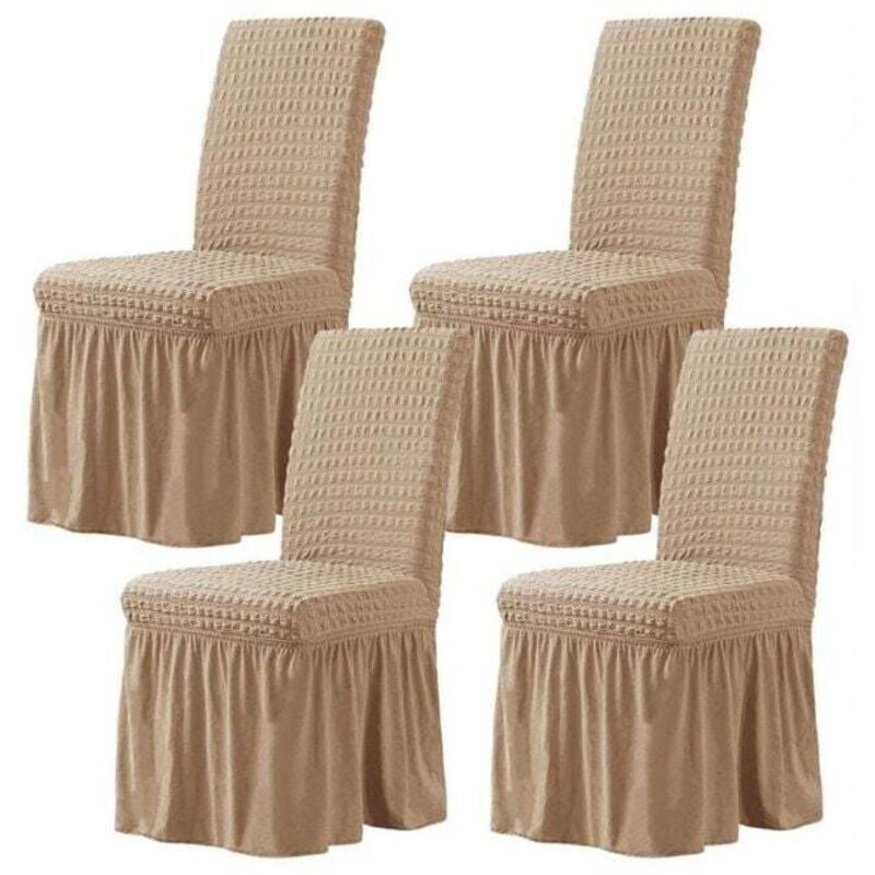 foto del prodotto coprisedie elasticizzati per sala da pranzo, confezione da 4, color avena, coprisedie elasticizzati in seersucker con gonna, coprisedie per matrimoni