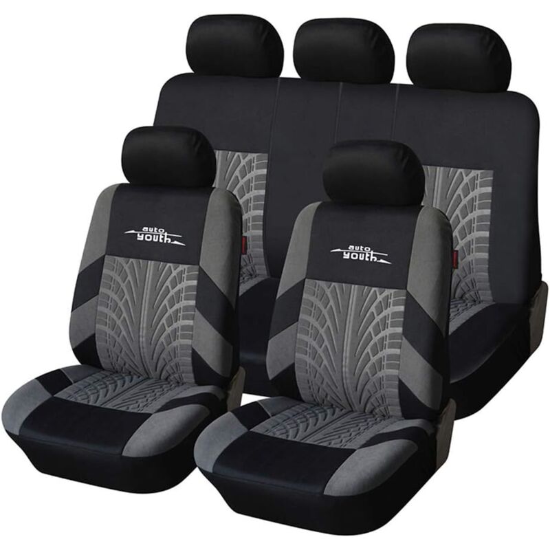 foto del prodotto coprisedile per auto grigio completo, coprisedile anteriore avvolgente, set coprisedili per auto con panca divisa, protezione completa per sedile per