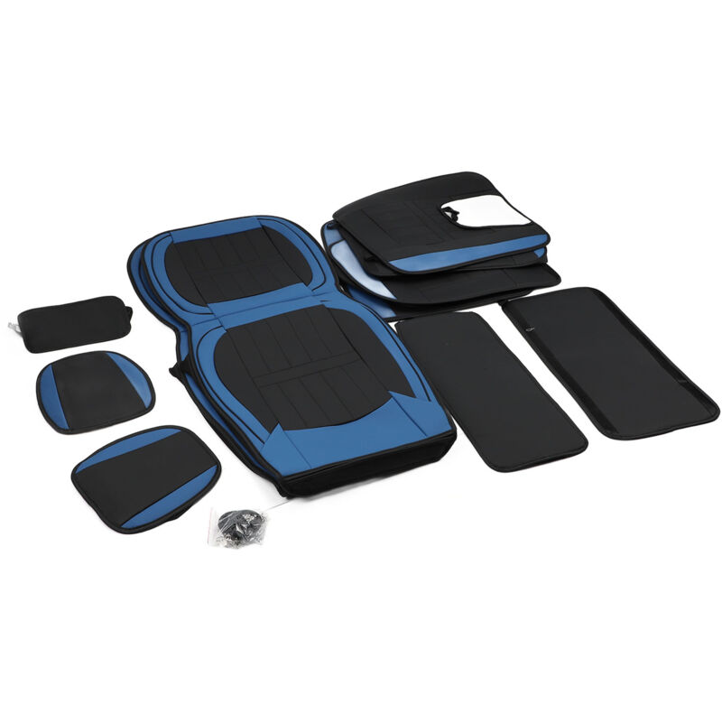 foto del prodotto coprisedile per auto protezione traspirante e confortevole in pelle completamente avvolgente per la maggior parte dei veicoli stile standard nero blu