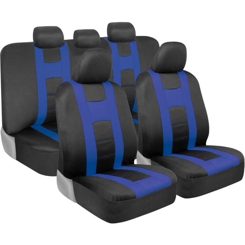 foto del prodotto coprisedili per auto, bicolore blu con coprisedile posteriore abbinato, progettati per adattarsi alla maggior parte dei camion, furgoni, suv,