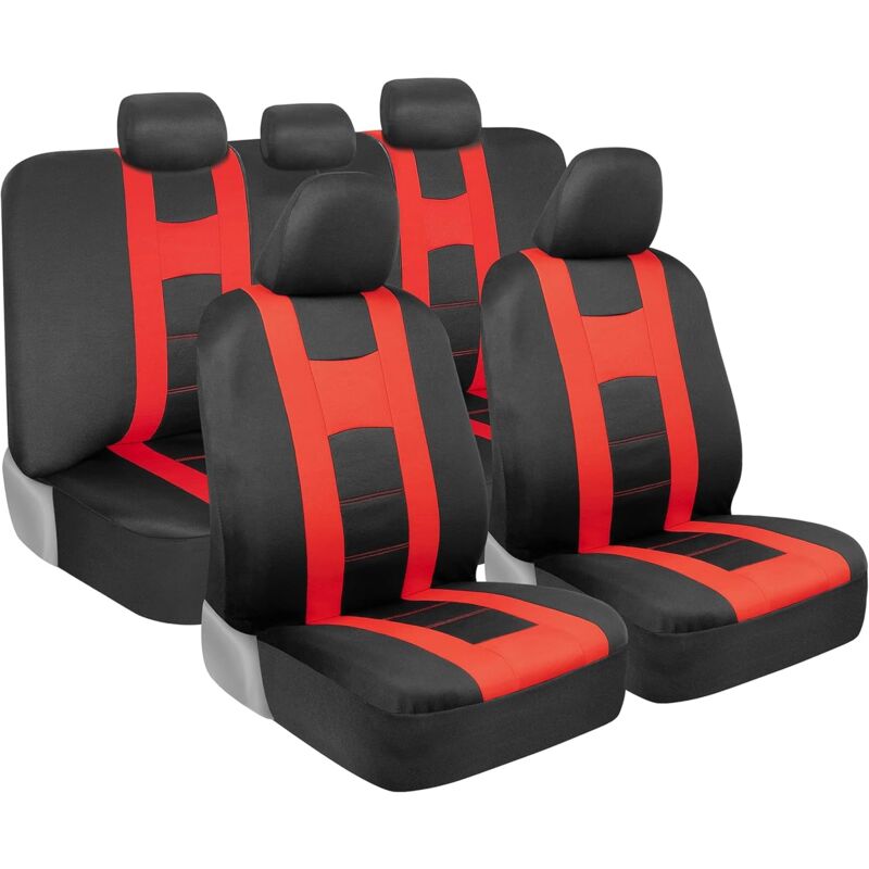 foto del prodotto coprisedili per auto rossi, set completo, coprisedili anteriori bicolore con coprisedili posteriori abbinati per auto, protezioni in tessuto di