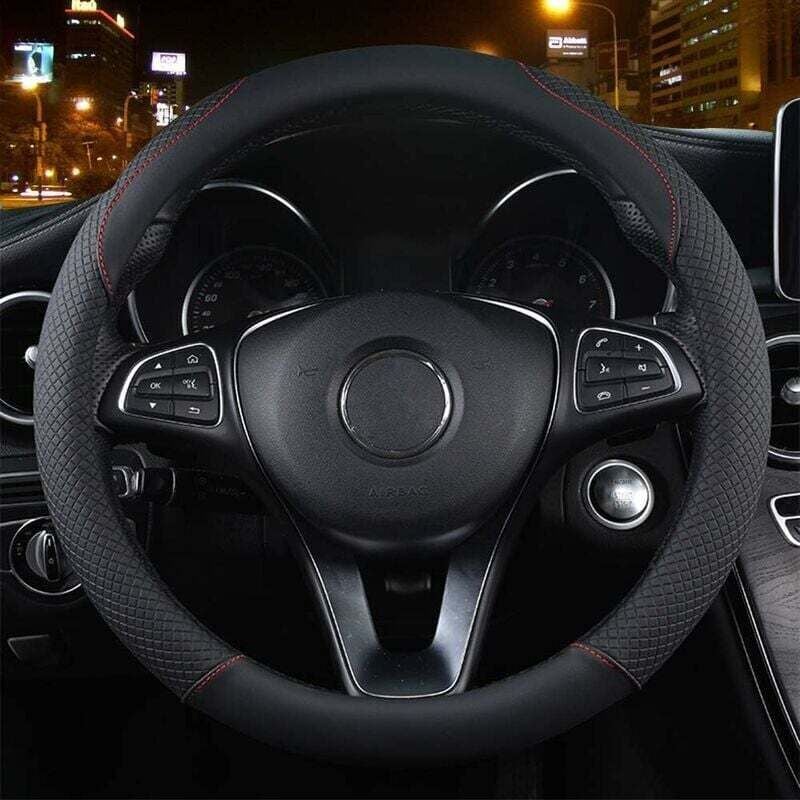 foto del prodotto coprivolante per auto, coprivolante in pelle 37-39 cm, antiscivolo, traspirante, in fibra di carbonio, elastico, coprivolante universale professionale - nero e rosso