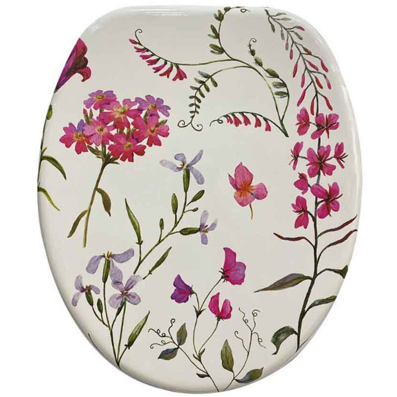foto del prodotto copriwater in legno mdf serigrafato tavoletta da bagno wc con stampa fiori rosa cerniere in acciaio 43x38 cm