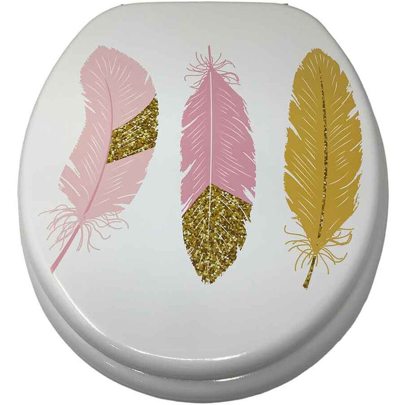 foto del prodotto copriwater in legno mdf serigrafato tavoletta da bagno wc con stampa piume rosa oro cerniere in acciaio 43x38 cm