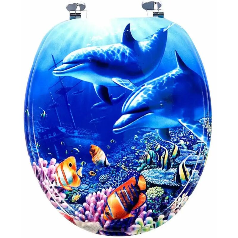 foto del prodotto copriwater universale con stampa delfini oceano copri tavoletta wc bagno legno