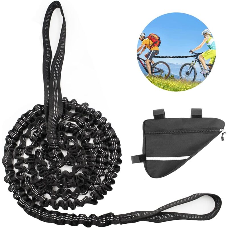 foto del prodotto corda di traino per bambini elastica e allungabile, con borsa triangolare per bici nera 