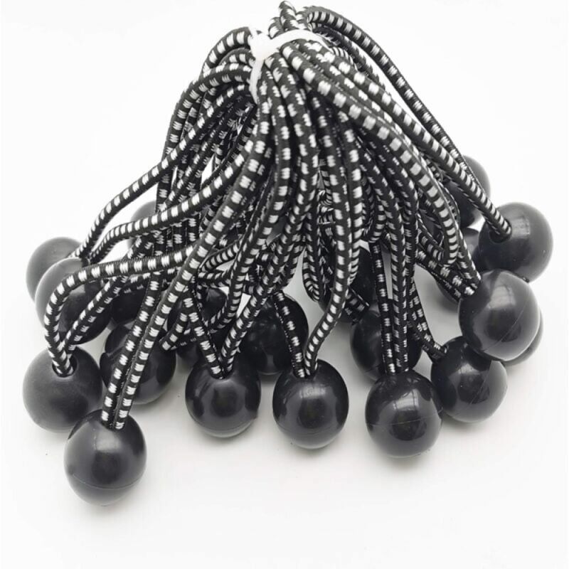 foto del prodotto corda elastica in gomma professionale da 25 pezzi con sfera nera, 250 mm per tende, teloni, poster. tenditore per teloni, cinghia elastica,