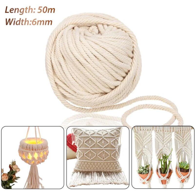 foto del prodotto corda in macram da 50 m, 6 mm, in cotone intrecciato, per lavori fai da te, accessori per la casa e matrimoni, regalo, beige naturale