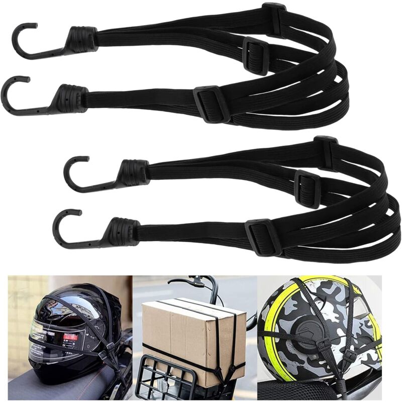 foto del prodotto corde elastiche con ganci, 2 pezzi cinghie regolabili per bagagli, corde elastiche con 4 fibbie scorrevoli per montaggio su casco da moto, bagaglio,