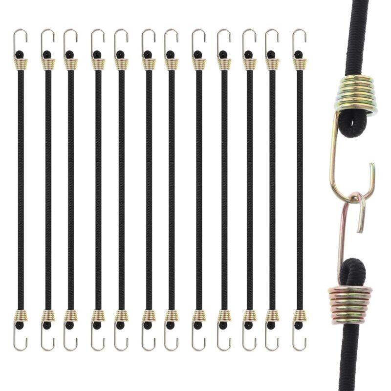 foto del prodotto corde elastiche con ganci, confezione da 12 corde elastiche, corde elastiche da 25 cm, corde elastiche in gomma ad alta resistenza per fissare