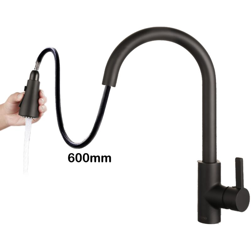 foto del prodotto coree rubinetto cucina miscelatore a collo di cigno cromato con cestello estraibile rotante 360 per lavello in acciaio inossidabile 2 modalit nero