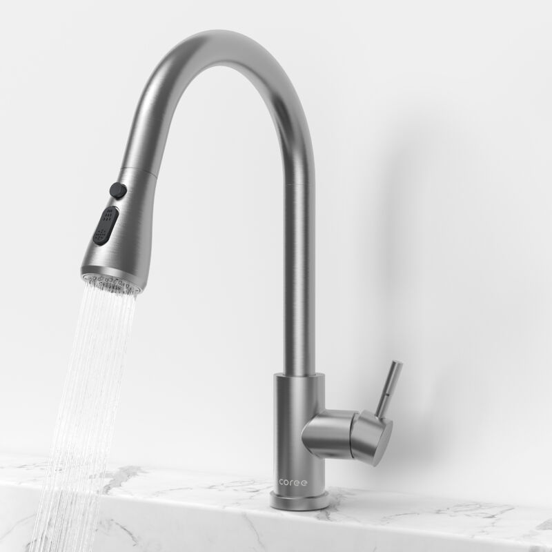 foto del prodotto coree rubinetto cucina miscelatore cucina collo di cigno lucidato a spazzola cannella estraibile rotazione 360 lavello in acciaio inossidabile 304