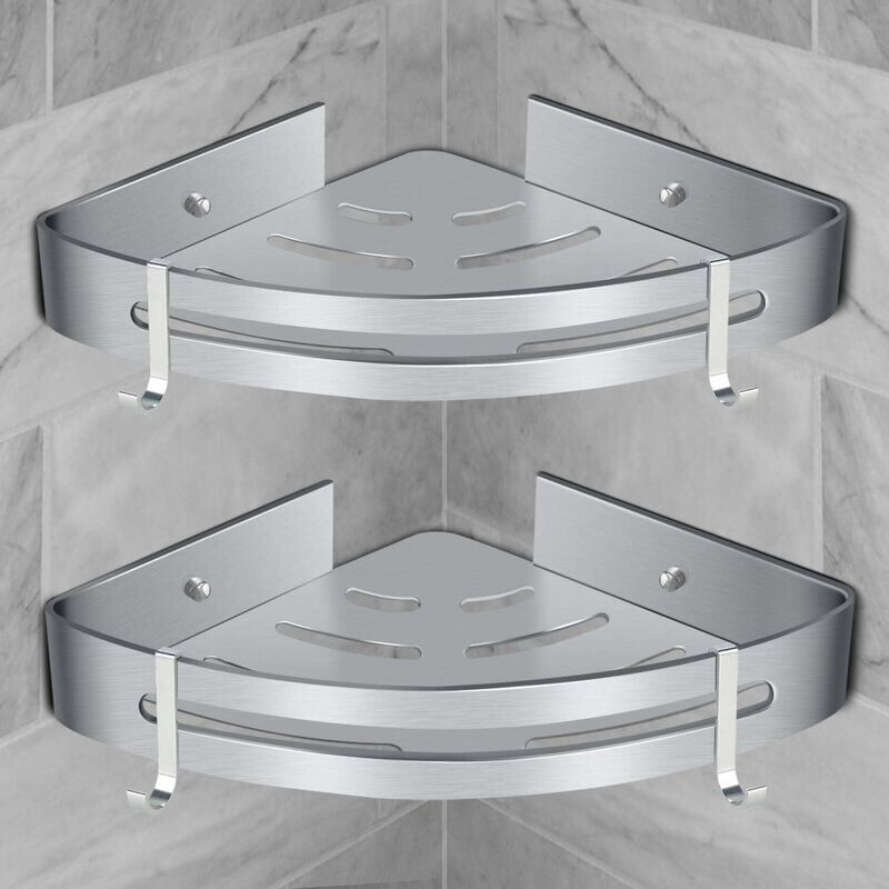 foto del prodotto corner shower shelf bathroom shelf without drilling basket shower storage aluminum wall mounted shower shelf two piece storage box matte silver 2pcs 