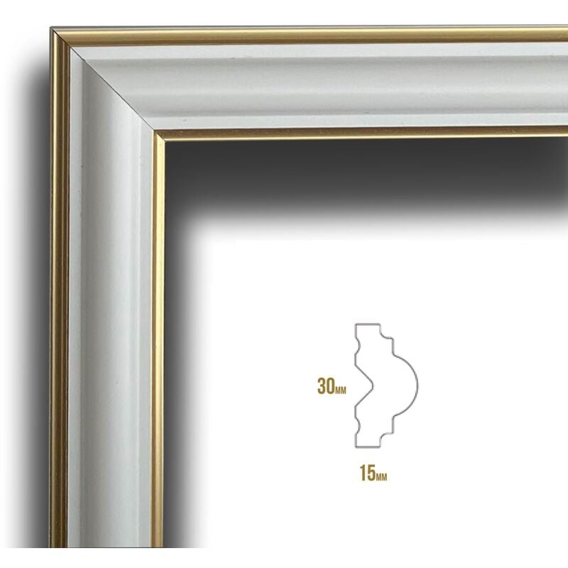 foto del prodotto cornice bugna preassemblata per boiserie in polimeri linea gold doppio filo oro bianco avorio 9010 varie dimensioni-50x50cm