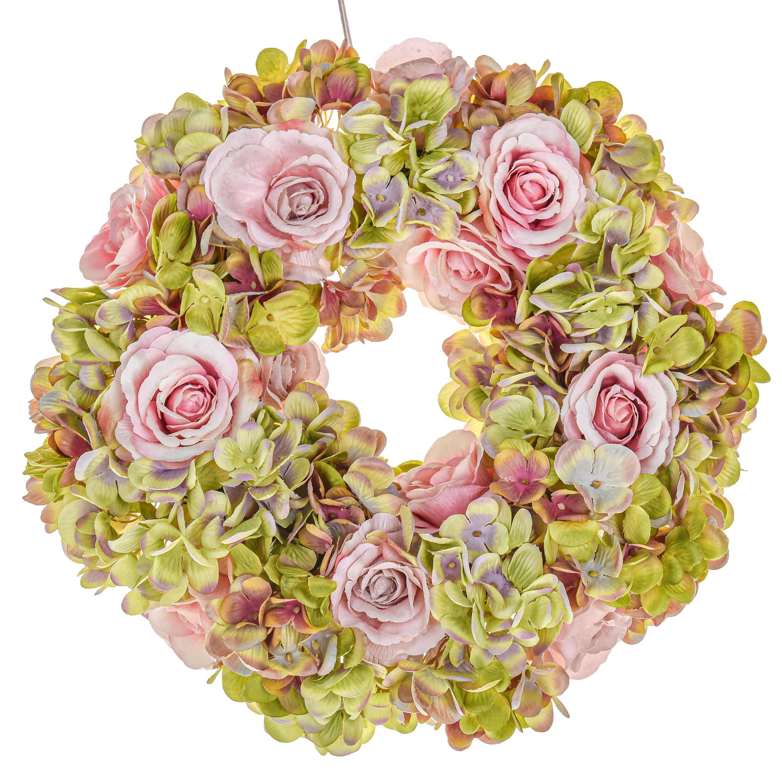 foto del prodotto corona artificiale con fiori di rose e ortensie