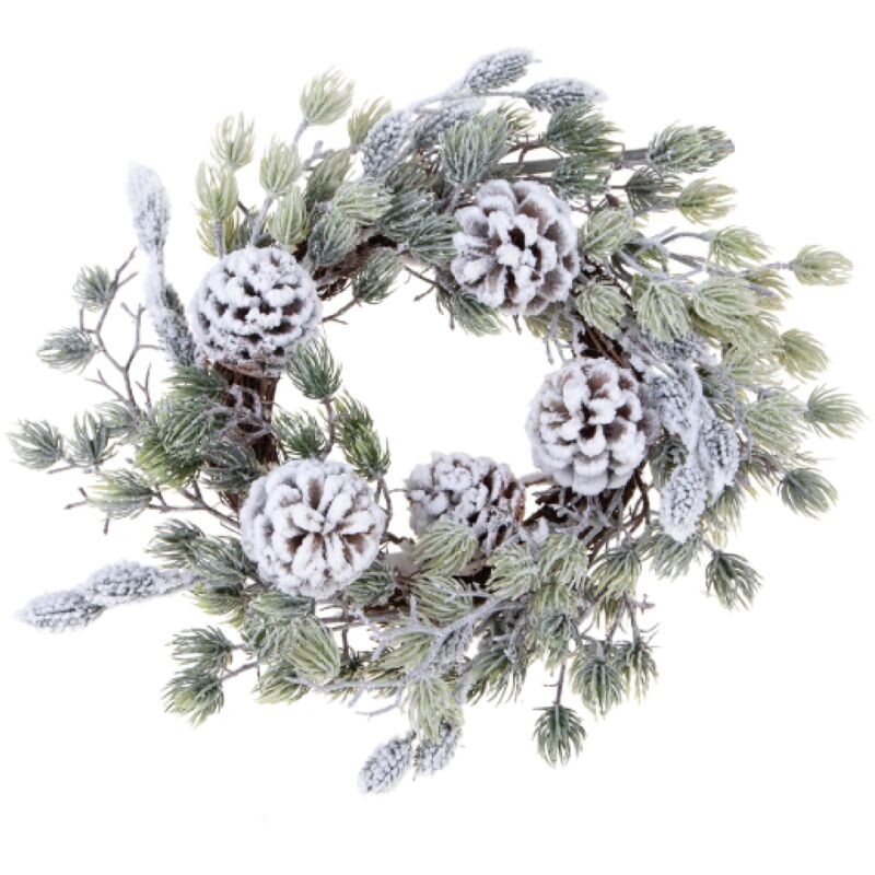 foto del prodotto corona creata con materiale di plastica con pigne e neve per decorazioni diametro 30 cm