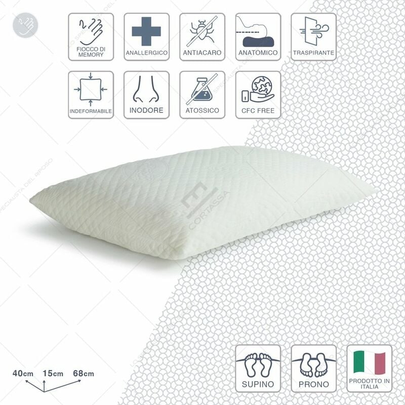 foto del prodotto cortassa soluko cuscino memory foam fiocchi 15 cm guanciale ergonomico per cervicale traspirante, antiallergico, lavabile made in italy 