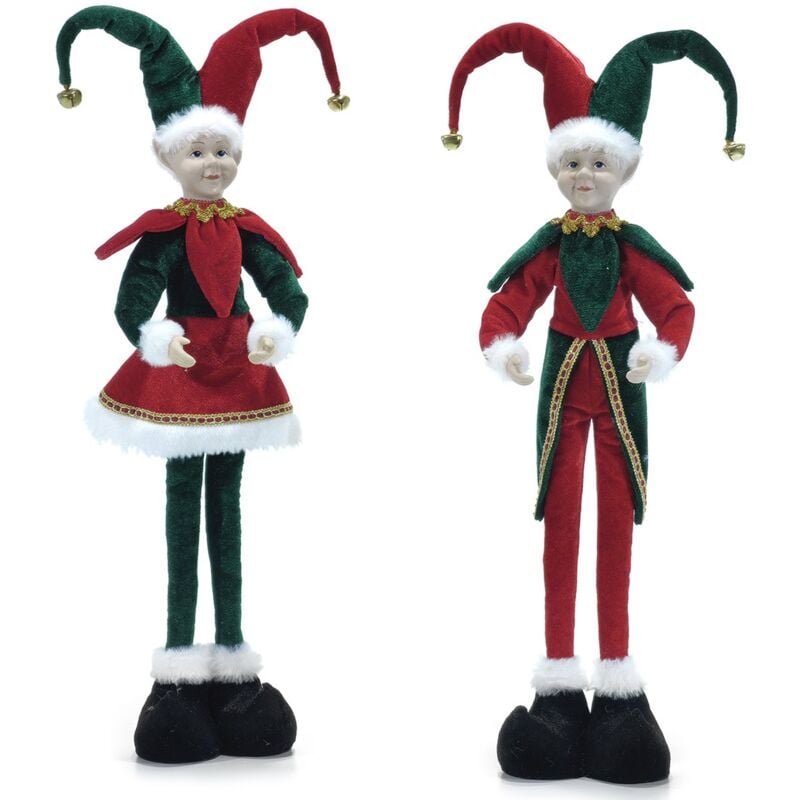 foto del prodotto cose da casa decorazione natalizia coppia di elfi gnomi giullari di corte grandi h57 cm, colorati e festivi in rosso e verde