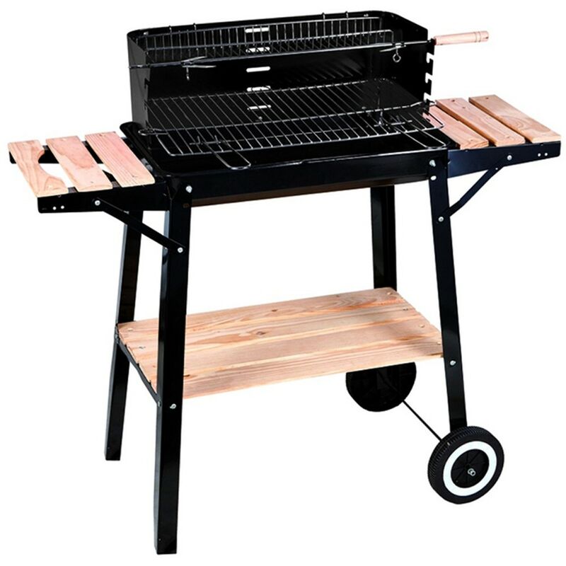 foto del prodotto cosedacasa barbecue rettangolare nero a carbone multifunzione con mensole ripiani in legno e acciaio per giardino terrazzo campeggio