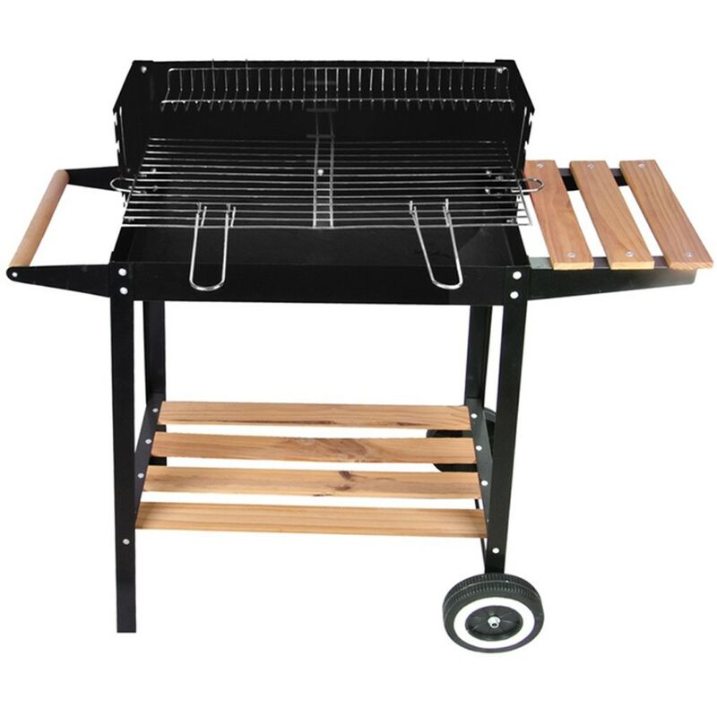 foto del prodotto cosedacasa barbecue rettangolare nero a carbone multifunzione con mensole ripiani in legno e acciaio per giardino terrazzo campeggio